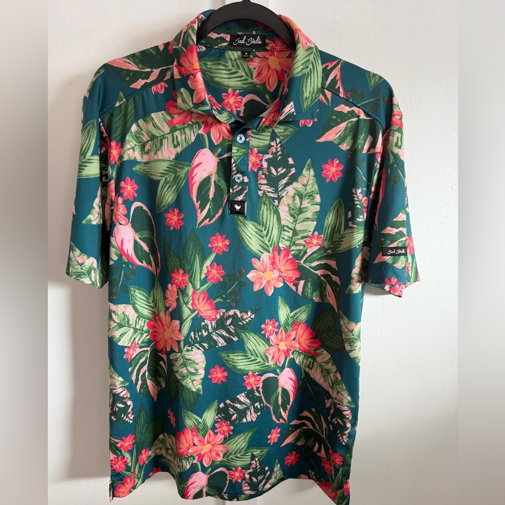 Bad Birdie Tropical Green and Pink Men's Polo